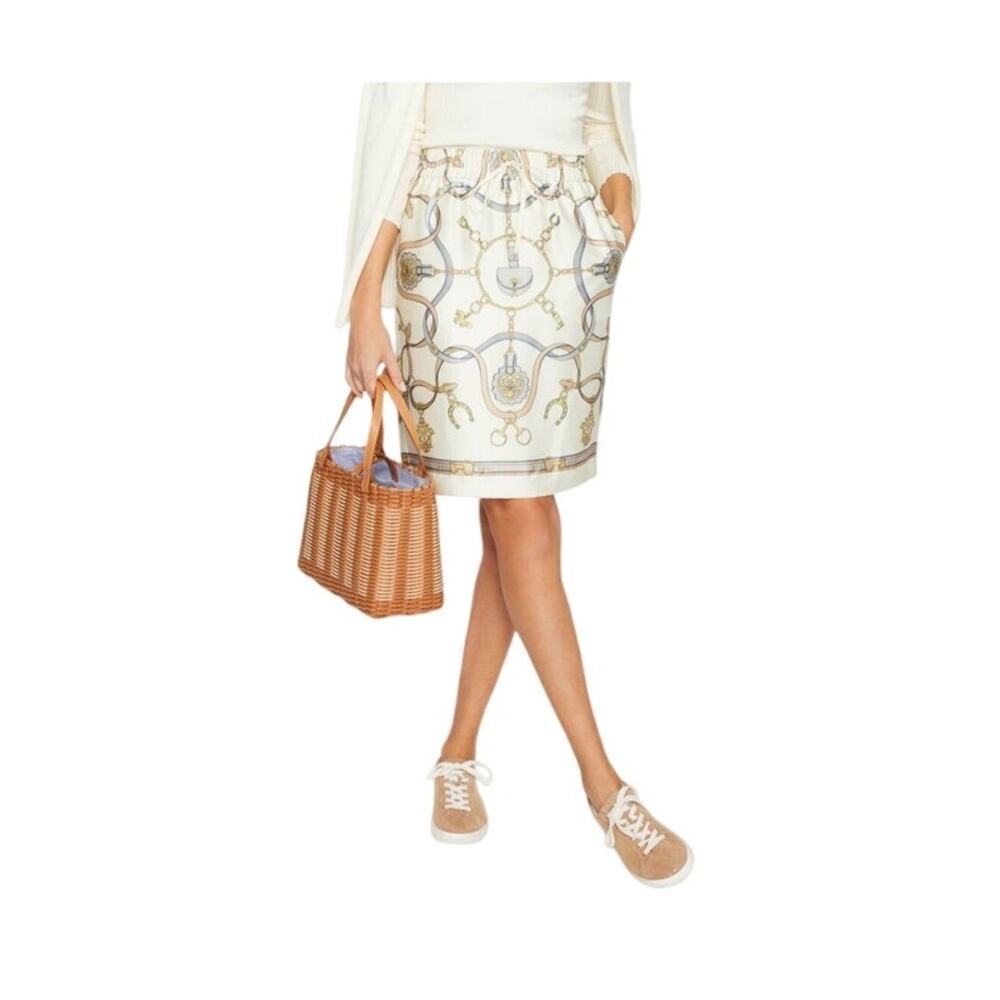 J McLaughlin Malia Skirt Medium Cream Fairfax Crest Equestrian Print Pencil Midi